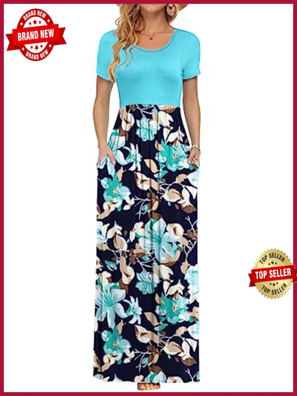Women's Short Sleeve Loose Maxi Dress Casual Jersey Fabric with Pockets